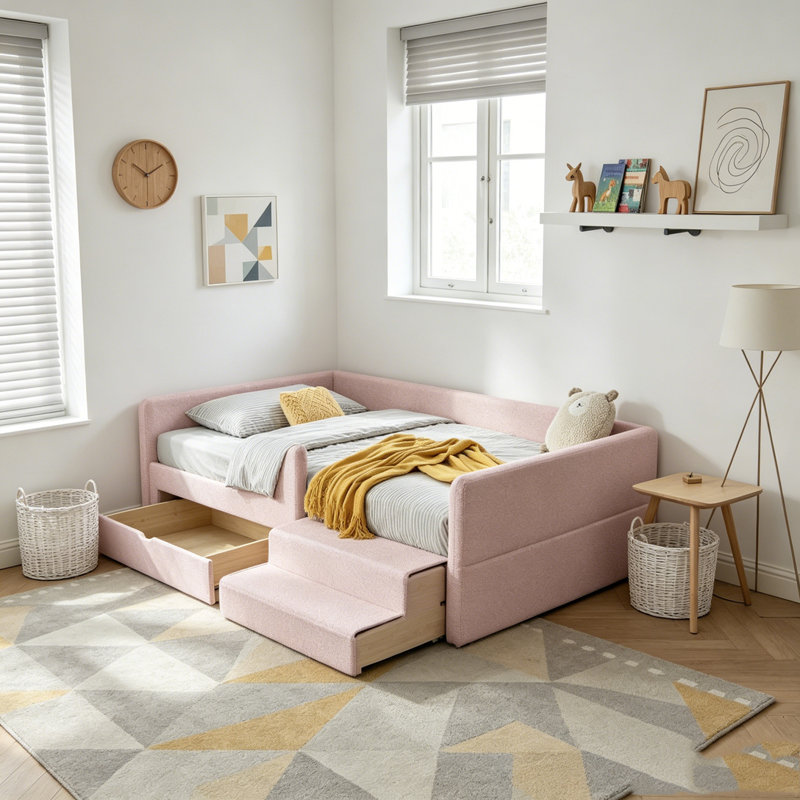 Lit simple pour enfant avec garde-corps, tiroir de rangement et marchepied, Rose