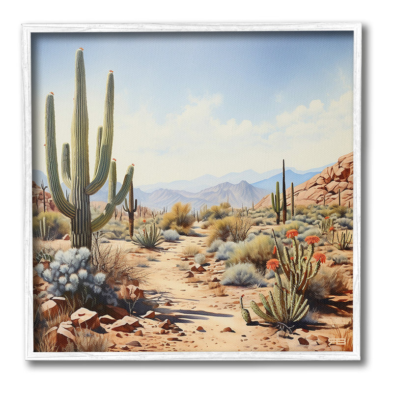 «Desert Cactus Path», estampe numérique encadrée par RB, Giclée encadrée blanc bord de mer, H 17 po x l 17 po