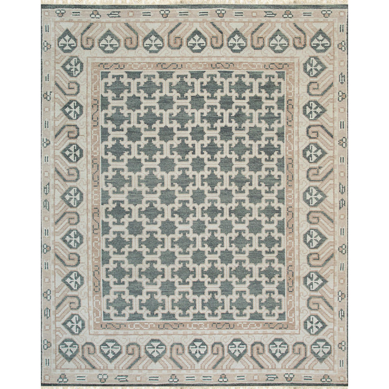 Green Hand-Knotted Wool Lattice Linked Lozenges Geometric Modern Contemporary Carpet Rug, 8' x 10'