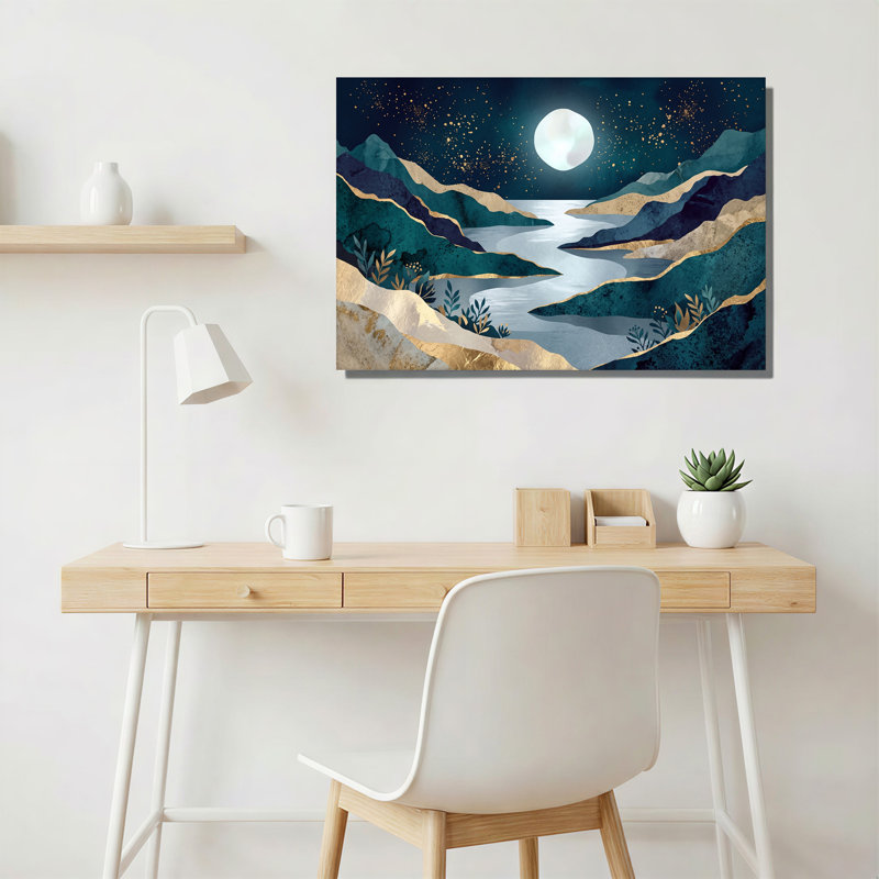 Art mural sur toile bleu sarcelle avec feuilles dorées et lune, H 36 po x l 48 po