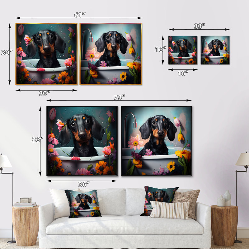 Drôle de chien dans le bain avec des fleurs en fleurs - ensemble de 2 animaux carrés, Cadre flottant noir, H 30 po x l 61 po