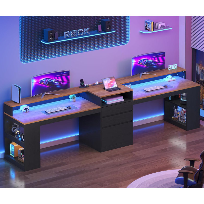 96.6" Two Person Desk With Led Lights And Power Outlet, Double Computer Desk With 3 Drawers, Extra Long Writing Desk Workstation With File Drawer For Home Office, Black