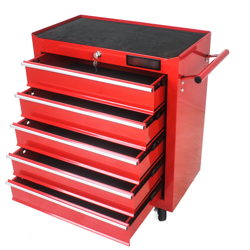 Armoire de rangement rouge à 5 tiroirs avec serrure et transport, Rouge