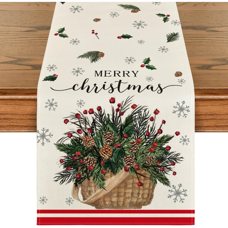 Holly Xmas Pine Basket Snowflake Merry Christmas Table Runner, Seasonal Winter Kitchen Dining Table Decoration For Home Party Decor