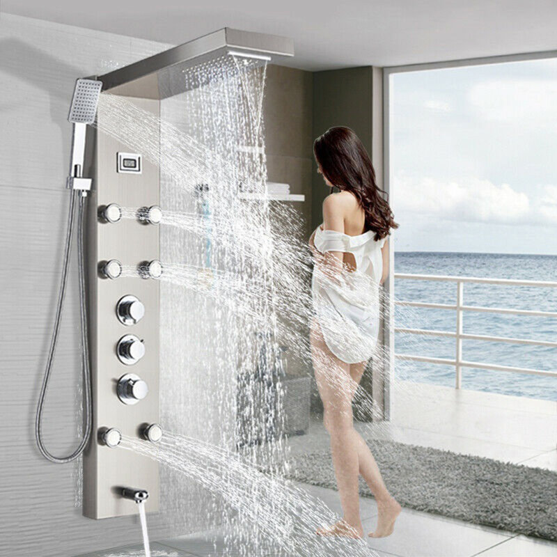 Brushed Nickel Thermostaic Shower Panel Tower Rain&Waterfall Massage System Jet Stainless Steel