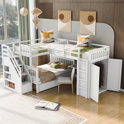 Lit superposé simple au-dessus d'un lit double en L avec 3 tiroirs, bureau portable et garde-robe, blanc
