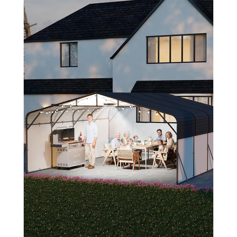 20x20 FT Heavy Duty Metal Carport with LED Light, Galvanized Steel Roof, Reinforced Base, Removable PE Sidewalls for Cars, Boats, Trucks, Outdoor Shelter