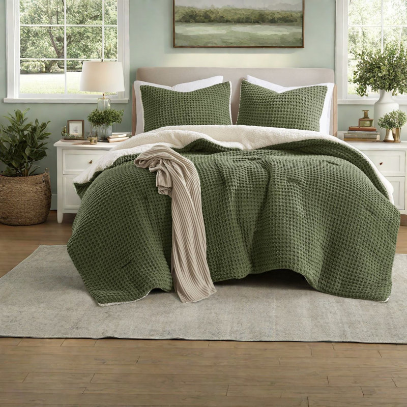 Premium Chenille Bedding Sets, Olive Green Cozy Waffle Knit For Home
