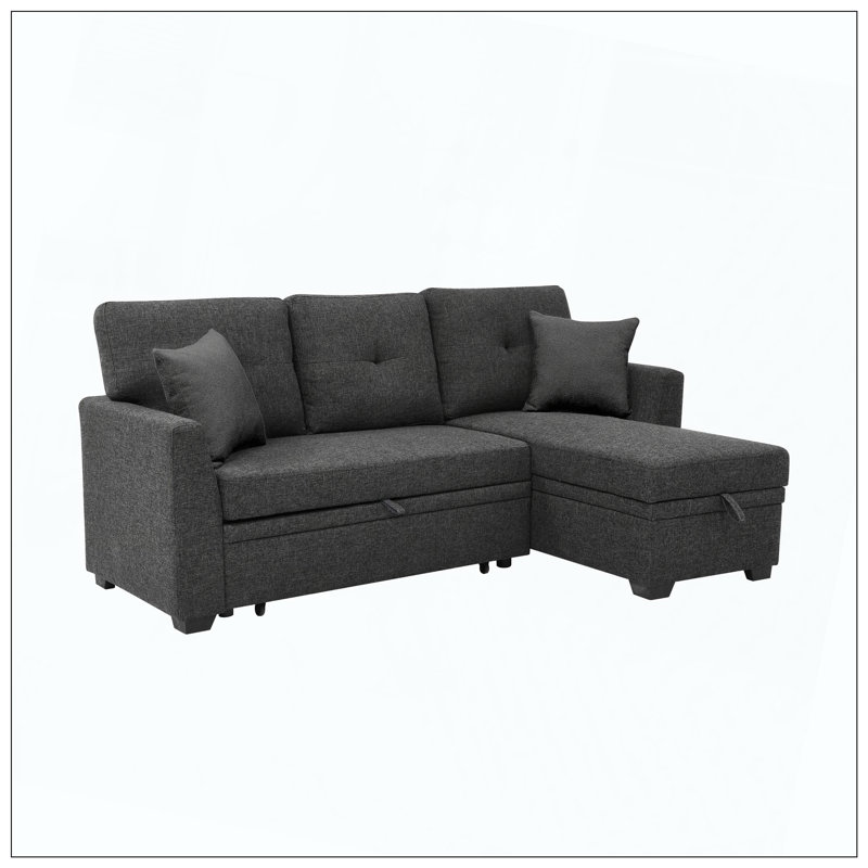Linen Blend Upholstered Sectional Pull-Out Bed Chaise Storage