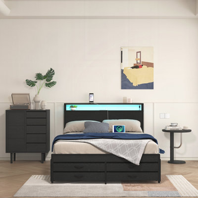 Bed Frame with 8 Storage Drawers, LED Headboard with Charging Station