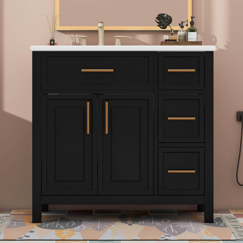 36" Bathroom Vanity With Sink Top, Two Doors And Three Drawers, Black