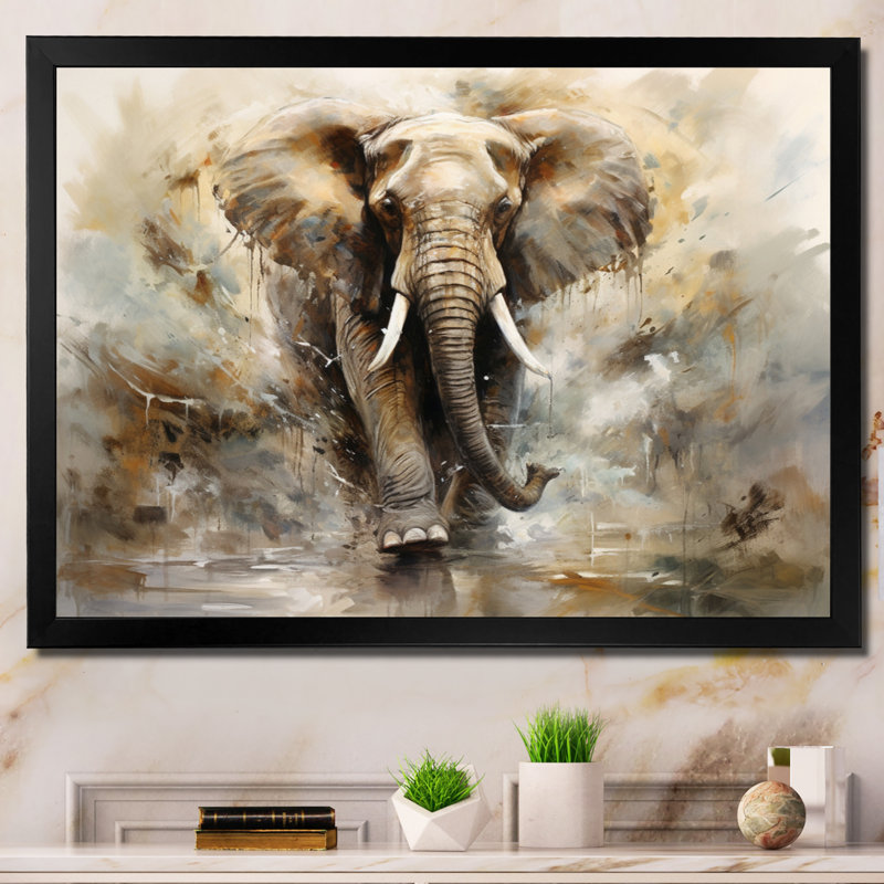 Minimalisme éléphant Grace II - impressions sur toile éléphant, H 34 po x l 44 po, Cadre photo unique, Noir