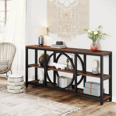 Console très longue de 70,9 po, table de canapé à 3 niveaux avec cadre circulaire unique, table de vestibule industrielle rustique pour le couloir, rangement de salon étroit derrière le canapé
