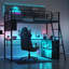 Lit mezzanine simple en métal avec éclairage DEL, bureau et 4 tablettes de rangement, noir