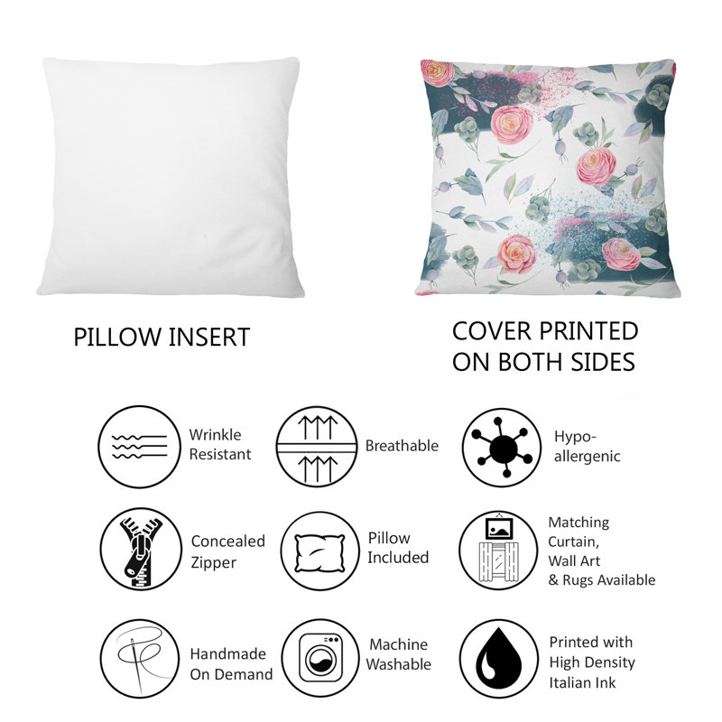 Coussin décoratif à motif de roses et de roses, de feuilles vertes et de baies de Briar