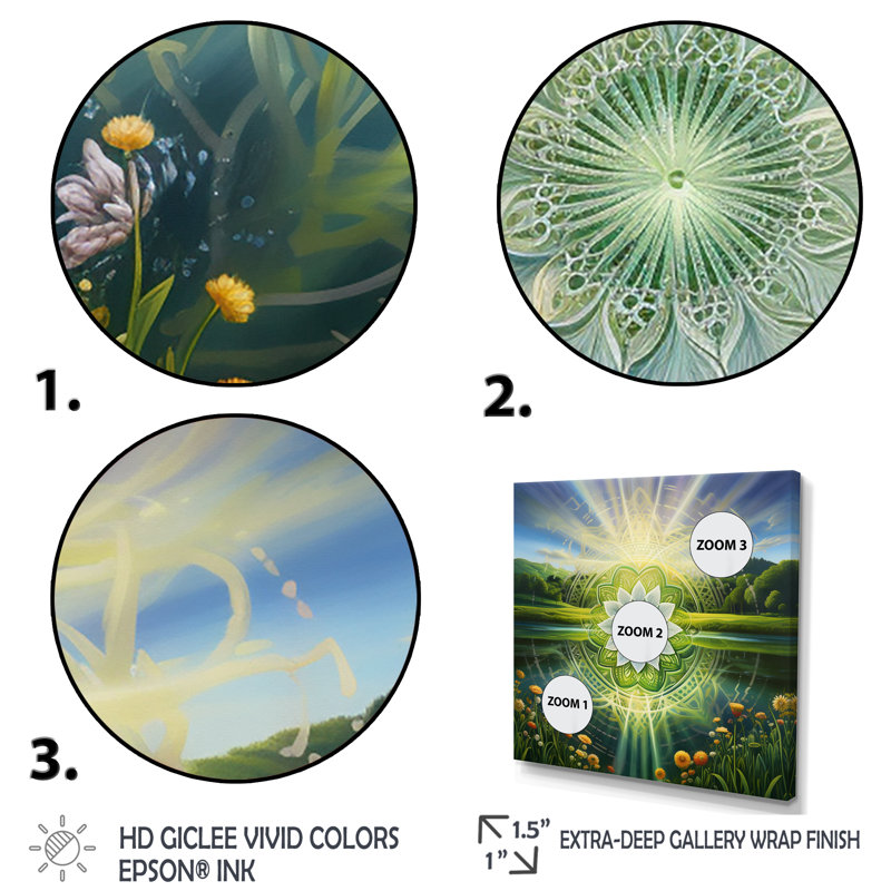 Bronte " Bright Shining Mandala In Paradise Landscape I " 3 - Pieces, 28" H x 36" W x 1" D