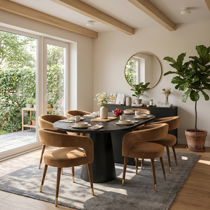Modern 47"-83" Extendable Dining Table Set With Upholstered Velvet Dining Arm Chairs, 7 Pieces: Table, 6 Chairs, Camel