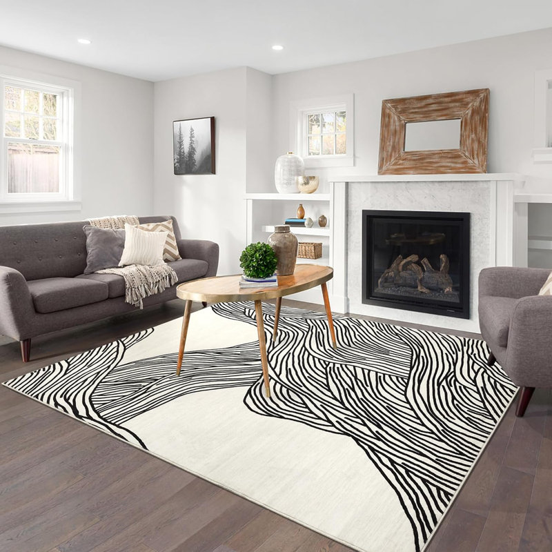 Tapis de couloir moelleux - 350 g / m² en fausse laine d'agneau, lavable à la machine, antidérapant, motif de nage moderne pour le vestibule, cuisine (noir et blanc)
