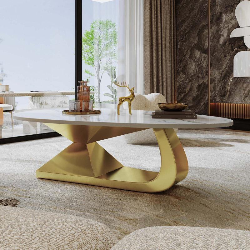 Table basse en pierre frittée avec base en acier inoxydable, Doré