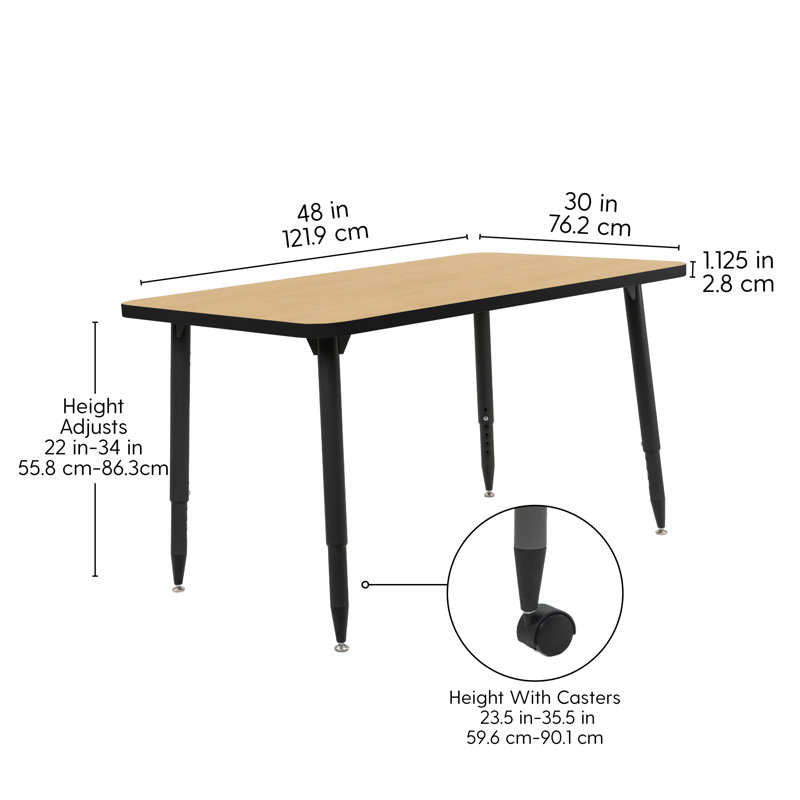 Table d'activité rectangulaire 24 x 48 avec pieds fuselés réglables Adapte, 30 po x 48 po, Érable / noir