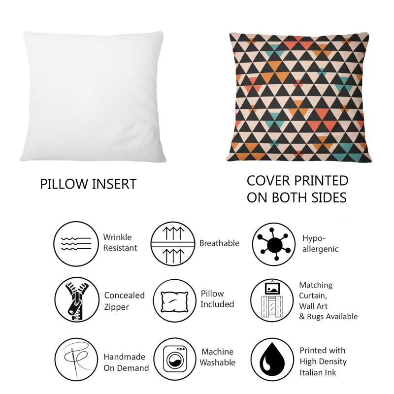 Coussin décoratif noir à motif triangles noirs sur fond bleu et orange II