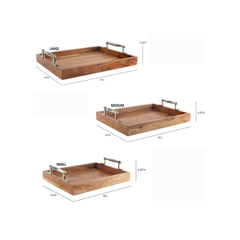 Rustic Wooden Set of 3 Trays with Aluminum Handles