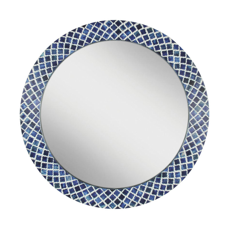 Blue Diamond Pattern Bone Inlay Mirror, Round