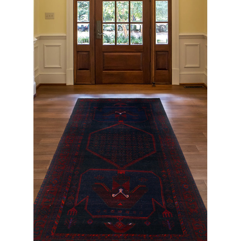 Tapis rouge / noir noué à la main de conception unique 4 pi 11 po x 12 pi 4 po Jamorie