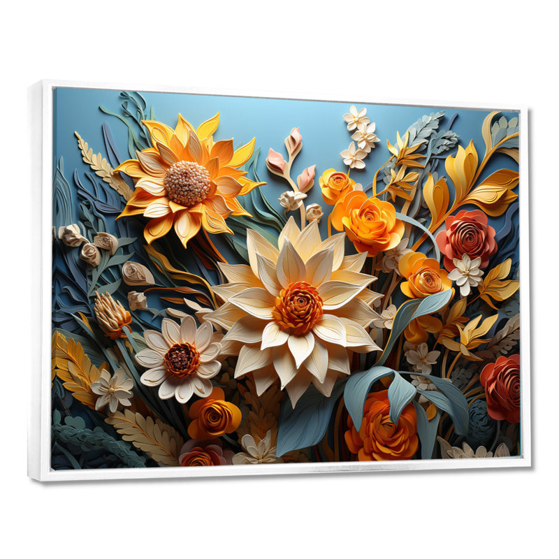 Tournesol jaune, bleu, tournesol, symphonie, H 16 po x l 32 po x P 1 po, Cadre flottant blanc