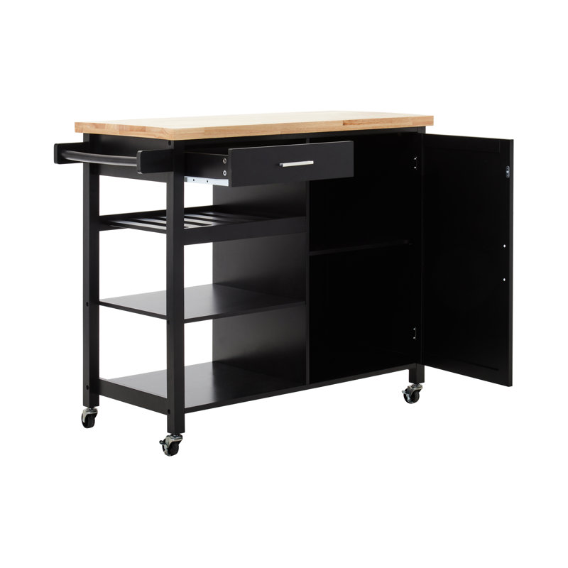 Lencautan Solid Wood Top Kitchen Cart, Black
