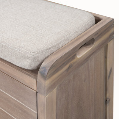 Banc de rangement polyvalent avec panier amovible et 2 tiroirs, entièrement assemblé avec coussin (blanc délavé)