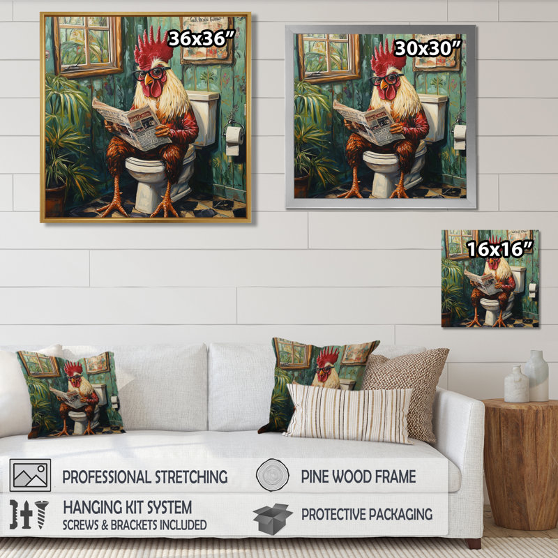 Kendalynn, coq lisant un journal dans la toilette I - coq, art mural, H 16 po x l 16 po, Impression encadrée flottante