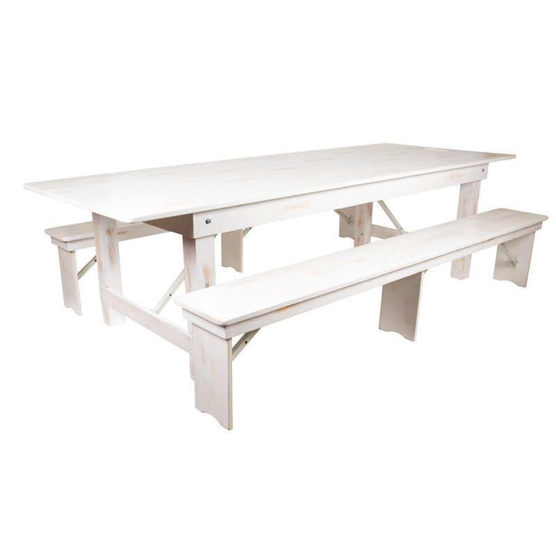 Ensemble de table de ferme pliable et deux bancs 8 pi x 40 po Dejon, H 30 po x L 108 po x l 40 po, Blanc antique rustique