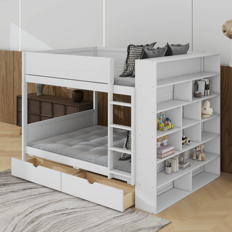 Lit superposé avec tiroirs et armoire, Lit superposé double sur double, Blanc
