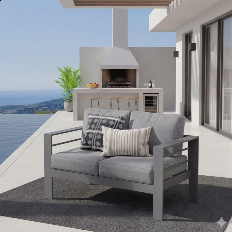 50" All-Weather Aluminum Patio Loveseat With  Thick Dark Gray Cushions & Gray Frame, Dark Gray Cushion/Gray Frame