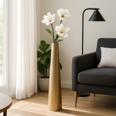 Metal Aluminum Vase with Sleek Modern Design and Textured Cylindrical Shape for Contemporary Decor - 35", Ribbed Gold
