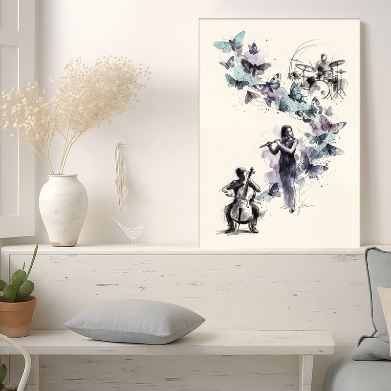 Art mural sur toile, "Musiciens et papillons en bleu", 30"H x 20"W