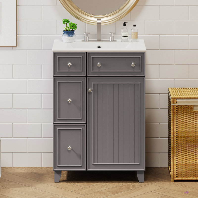 Meuble-lavabo 24 po avec lavabo en céramique, 2 tiroirs, 1 porte à fermeture en douceur, Gris/argent
