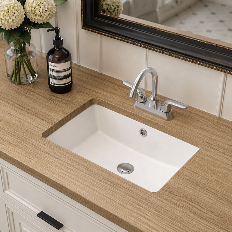 Lavabo de salle de bain rectangulaire en céramique blanche à encastrer par le dessous, 45,7 x 30,5 x 21 cm (18 x 12 x 8,25 po), avec trop-plein