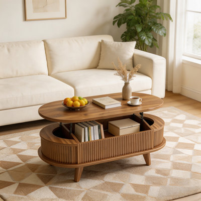 Table basse ovale moderne avec plateau relevable cannelé avec rangement, idéale pour le salon et le bureau à domicile.
