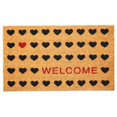 24" X 48" Red And Black Hearts Welcome Outdoor Coir Door Mat