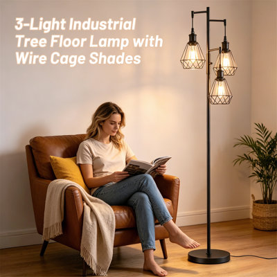 70" Dimmable Tree Floor Lamp, 3‑Light Metal Cage Shades, Sturdy Iron Base, Bulbs Included, Modern Industrial Lamp for Living Room, Bedroom, Study