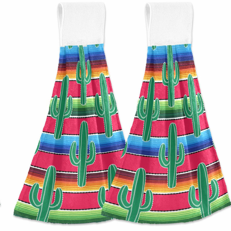 Cactus Stripe Hanging Tie Towels - 2 Pack Soft Absorbent Kitchen Hand Towels with Loop for Bathroom, Restaurant, Hotel, BBQ - Machine Washable Dishcloth Set