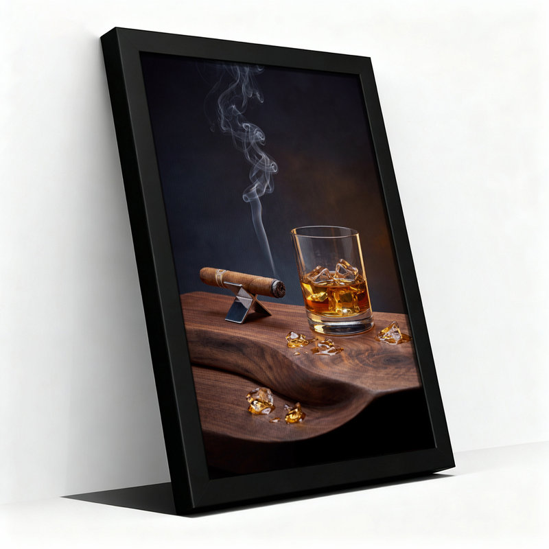 Whisky avec glace et cigare sur toile, art mural, 18"H x 12"W