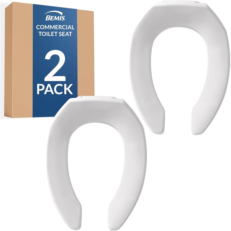 1955CT Commercial Heavy Duty Open Front Toilet Seat, Never Loosen, ELONGATED, Plastic, White, 2-Pack