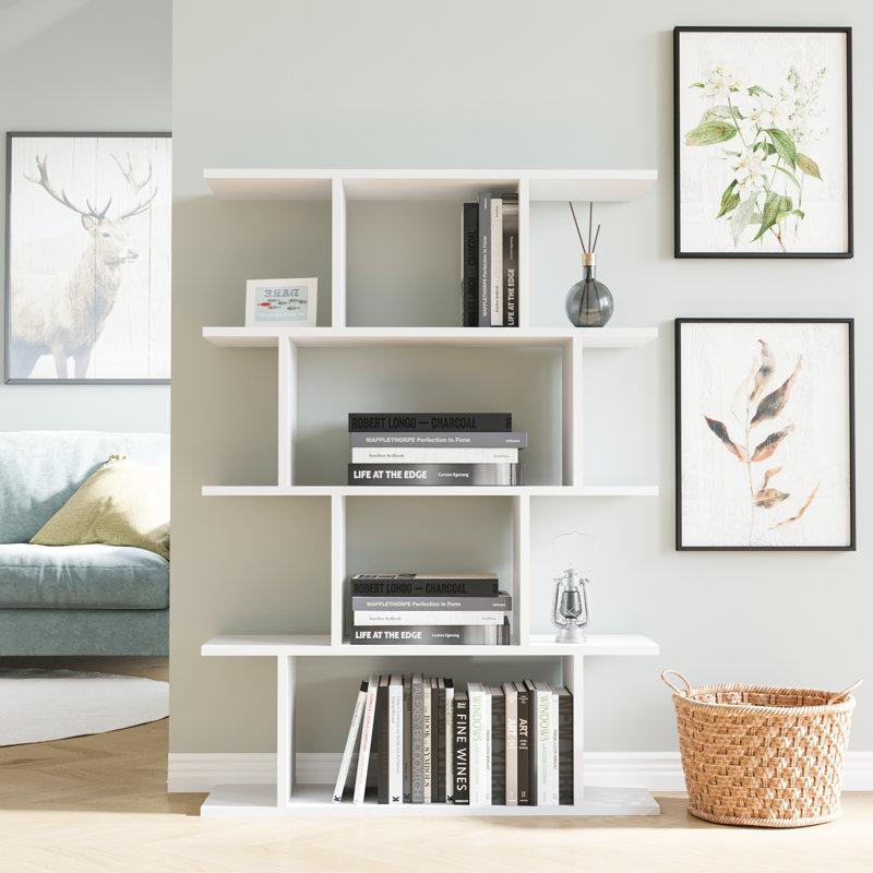 Modern Scandinavian Bookshelf, White, 35.4 x 9.8 x 50.2 inches | 100% Melamine Coated Particle Board, Thickness: 0.7 inches | Wall-Mountable, Numerous Shelves, Stylish & Functional Storage Solution for Home or Office