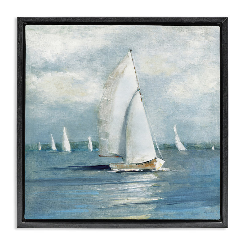 Voilier de croisière, paysage marin, Cadre flottant noir de jais, H 18 po x l 18 po