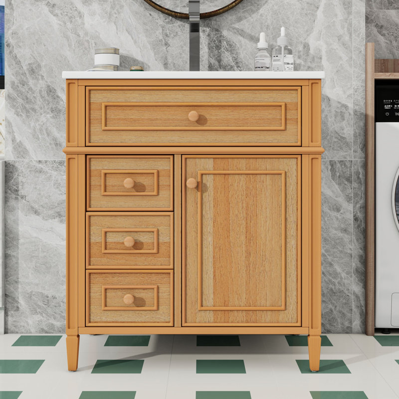 Meuble-lavabo en bois 30 po avec lavabo, tiroirs, tablette et porte, Bois, 30"