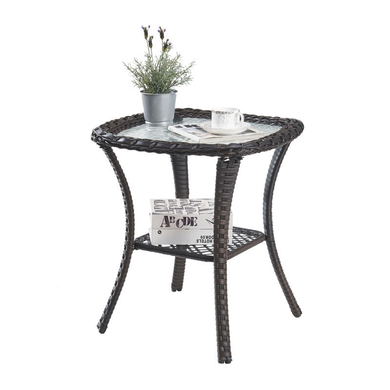 Table d'appoint de patio de 20 pouces, double couche de rangement pour table de bout carrée en osier, tables basses en rotin toutes saisons