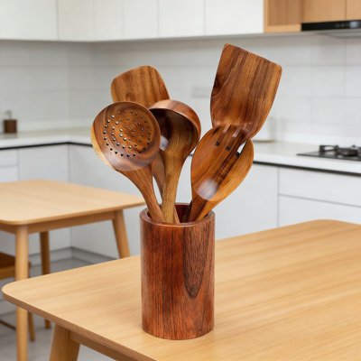 7-Piece Natural Acacia Wooden Utensil Set With Holder - Non-Scratch Cooking Spoons, Spatula, Turner, Skimmer, Salad Fork For Non-Stick Cookware